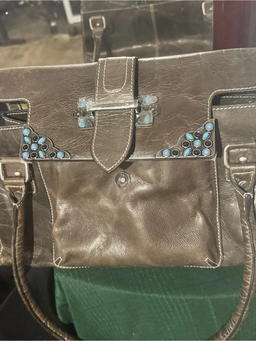 Brown Leather Satchel with Turquoise Accent Detail